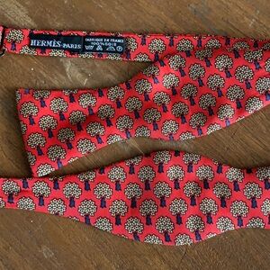 Hermes Paris Silk Printed Bow Tie Red Stylized Trees